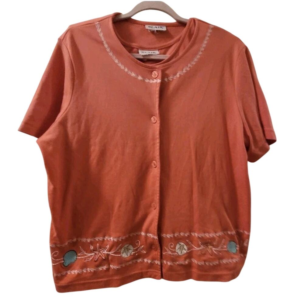 Vtg Womens Seashell Embroidered Top Cardigan Short Sleeve Coral Starfish Blair L